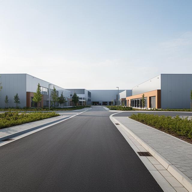 Neues Gewerbegebiet am Stadtrand von Kamenz mit Hallen und Zufahrtsstraße