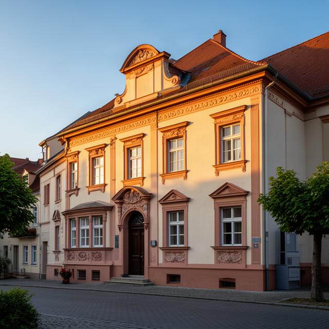 Restaurierte Fassade des Lessinghauses in Kamenz bei warmem Abendlicht